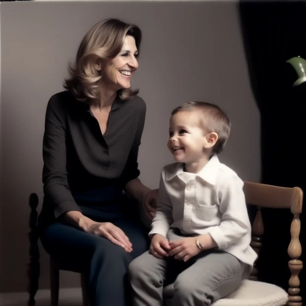 A mother sits on a chair and looks at her son with a smile and lots of love