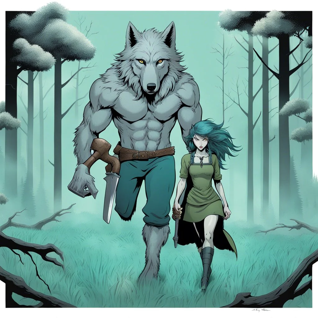 carrying a blacksmith's anvil an dark gray body hair anthropomorphic wolf-man hybrid and pale gray body hair anthropomorphic wolf-female hybrid in a blue-green meadow, in the background trees with huge trunks rainy day, high contrast, high detail, atmospheric, dark fantasy, sci-fi atmosphere