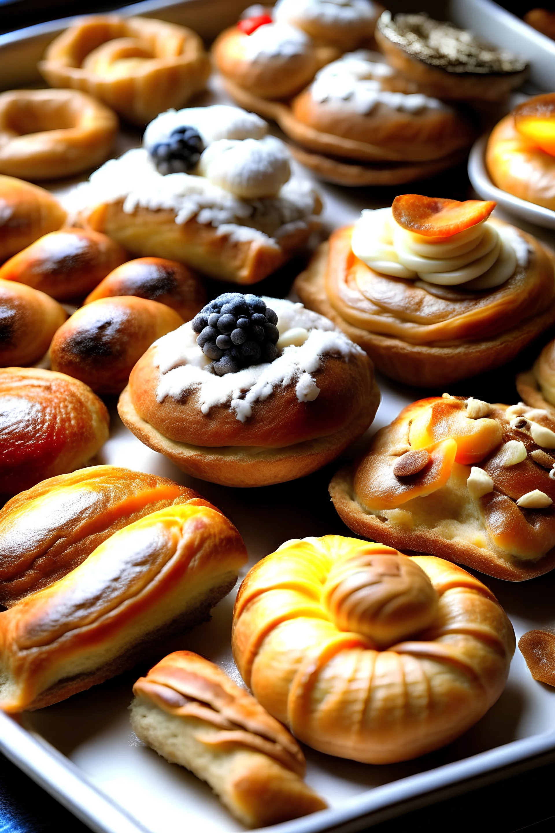 A tray of freshly baked pastries: Show a picture of a tray of freshly baked pastries, such as croissants, muffins, and scones. The pastries should look golden brown and flaky, with a variety of fillings and toppings.