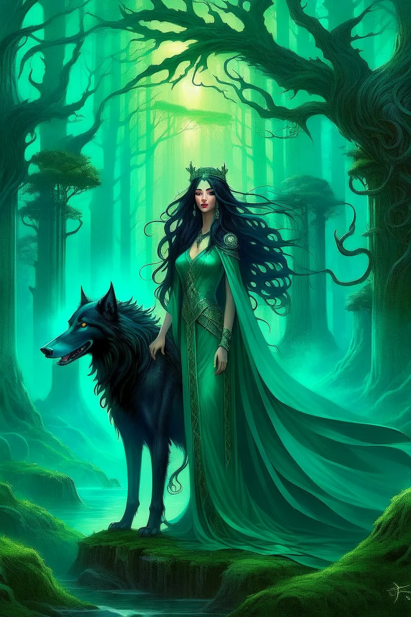 In the heart of a dense and enigmatic forest with towering ancient trees cloaked in emerald foliage stood a bewitching sorceress possessing an ethereal allure her lustrous hair cascading in ebony waves down to her slender waist that turns into roots In the background a faithful companion a majestic canine of Belgian shepherd lineage roamed at her side its eyes illuminated by an otherworldly crimson glow exuding an aura both mysterious and demonic