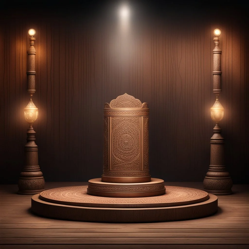 Hyper Realistic traditional Indian product podium with traditional Indian stage lights & dark rustic background