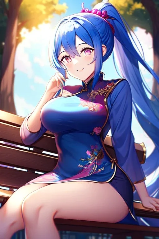 girl, masterpiece, best quality, cinematic lighting, detailed outfit, vibrant colors, perfect eyes, blue hair, pink eyes, ponytail, long hair, glowing light, ray tracing, depth of field, chinese clothes, smiling, sitting on bench, under tree, light rays, looking up,