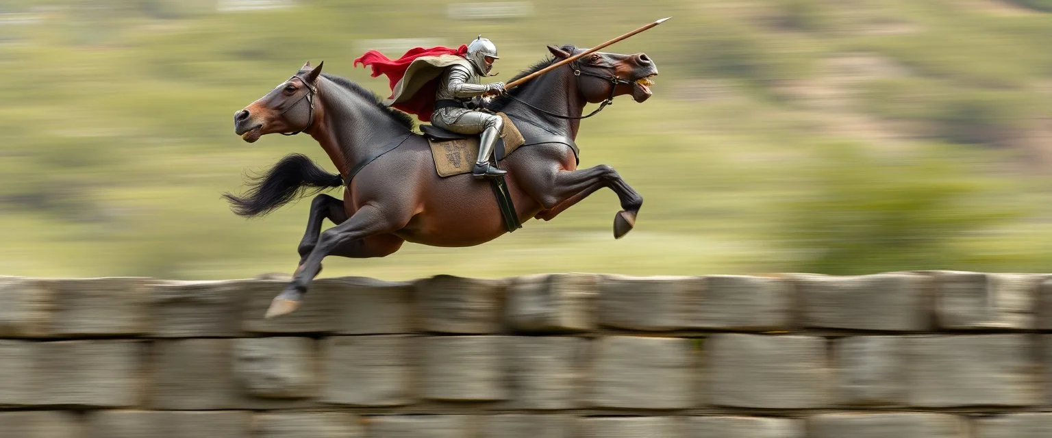 fast horse hippo hog kentaur jumping a wall with knight rider and lance, motion blurred background