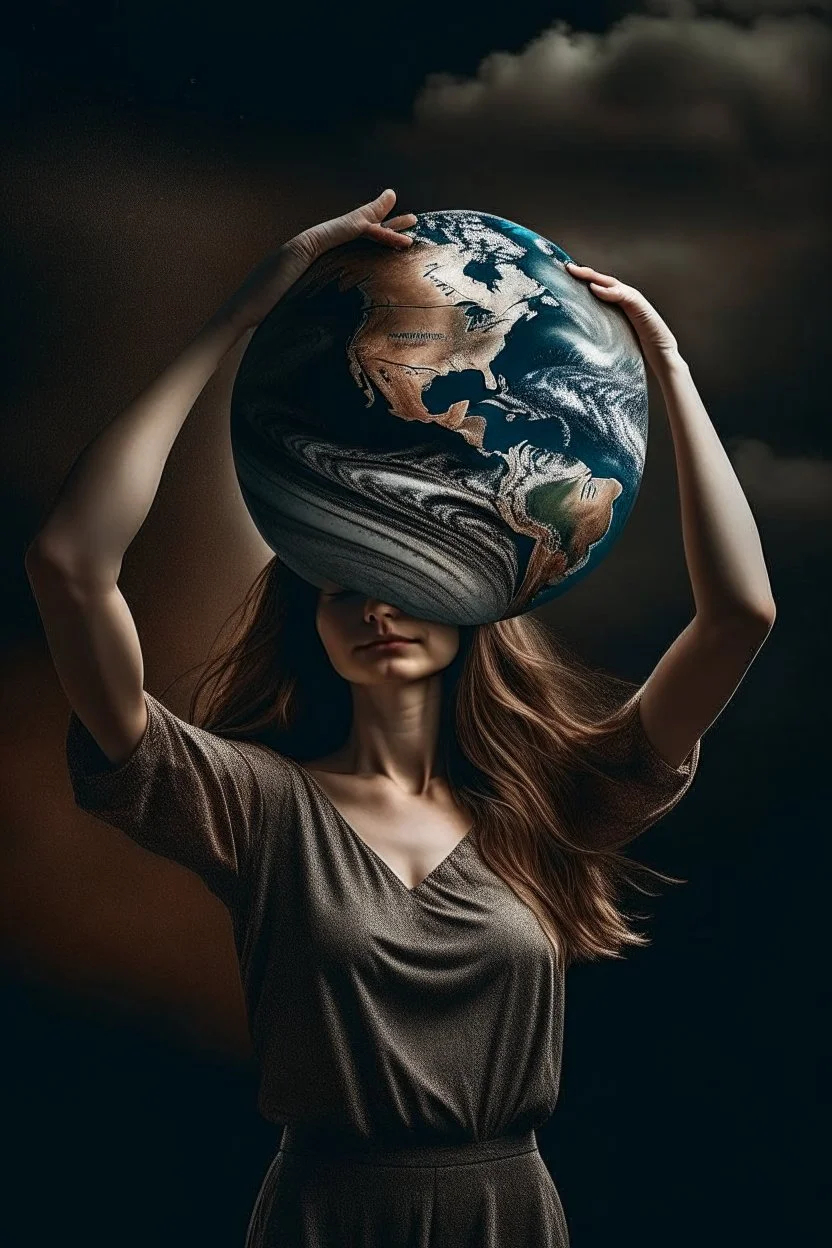 a woman holding up the earth like Atlas