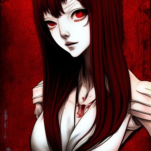 Junji Ito style, darkred tones, leaning pose,