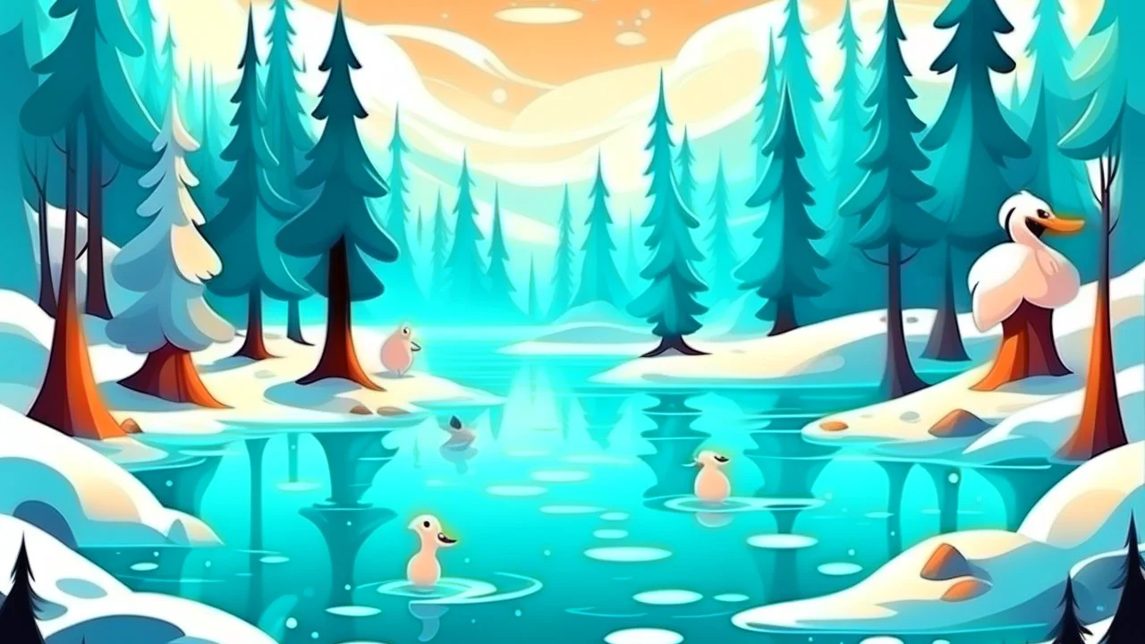 cartoon illustration: beautiful magic frozen lake with pines and magic creatures