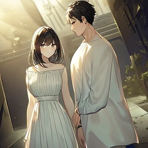 anime couple with day on one side night on the other, stormy night on one half, sunny day on the other half,ballancing scale, couple is standing back to back, female is gorgeous wearing white dress