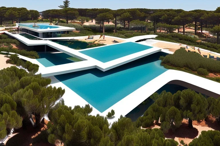 algarve in quinta do lago, one straight line building of 250 meters long pool, a straight line modern luxury architecture with wood and gold metallic pergolas with pool on rooftop, on a slope with pinus pinea, a road wrap around for low speed veicular road