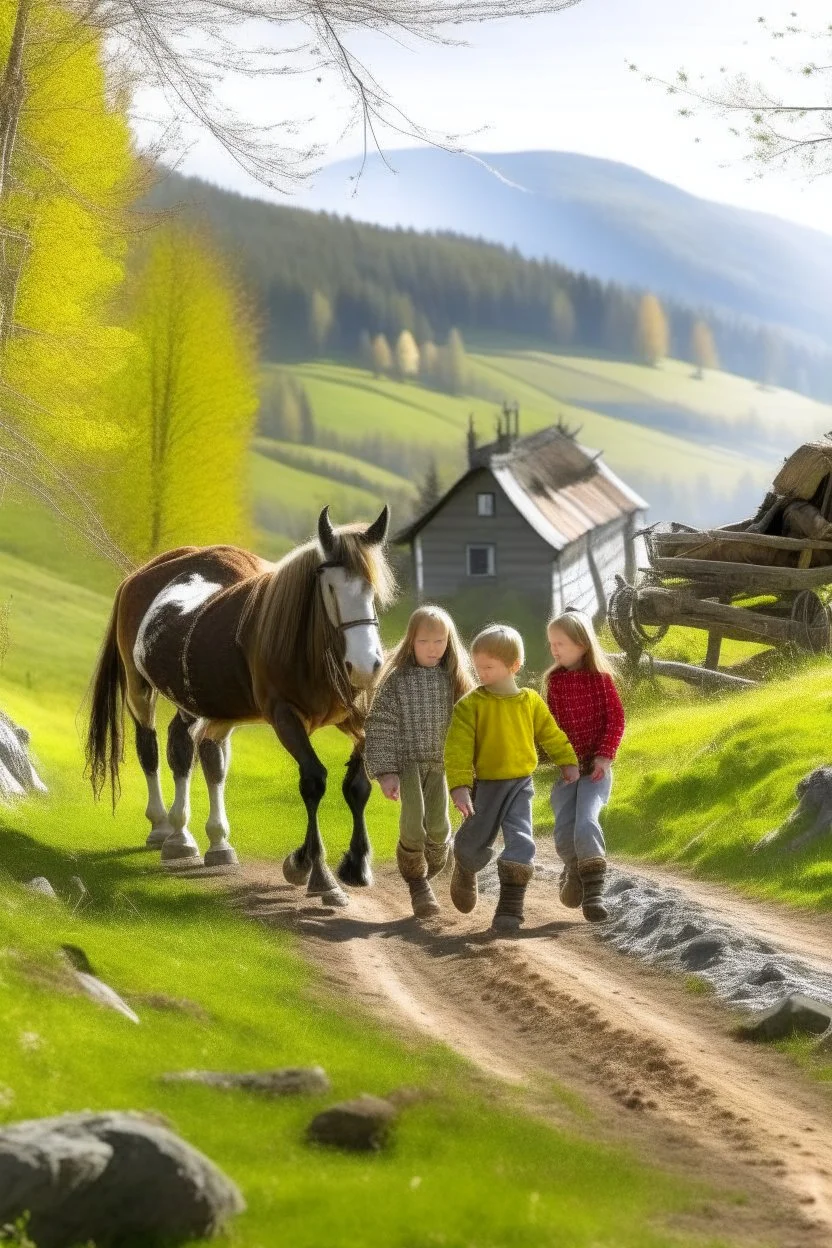 Spring in skåbu, sun, children walking in mountains, horse, broken old tractor