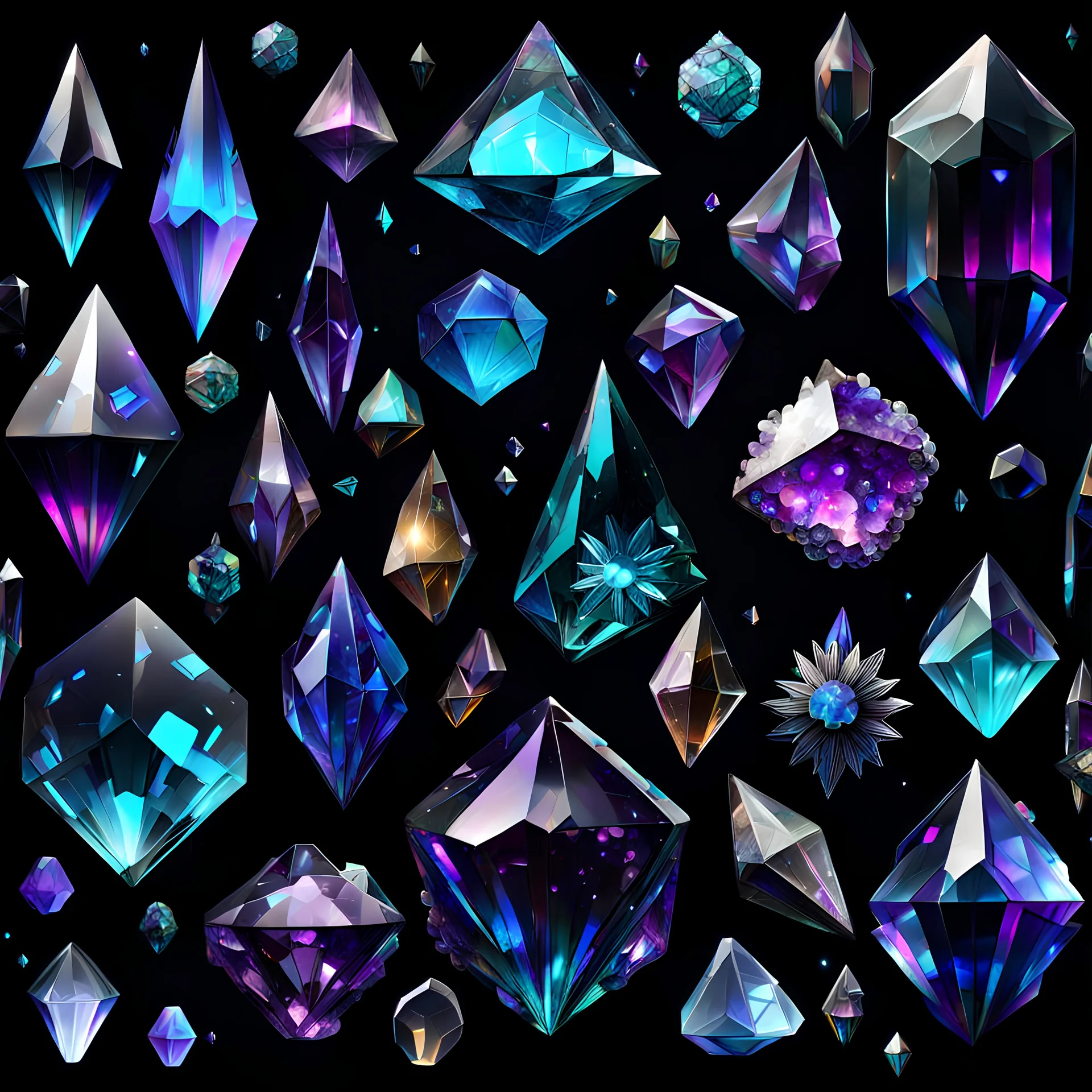 ancient crystal pieces, cyberpunk style, black background