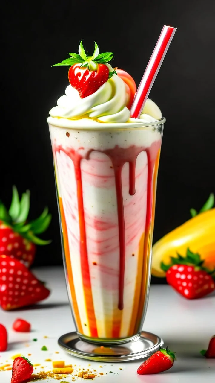 A refreshing milkshake made with fresh strawberries and vanilla ice cream, served in a tall glass with a striped straw and a sprinkle of rainbow sprinkles.