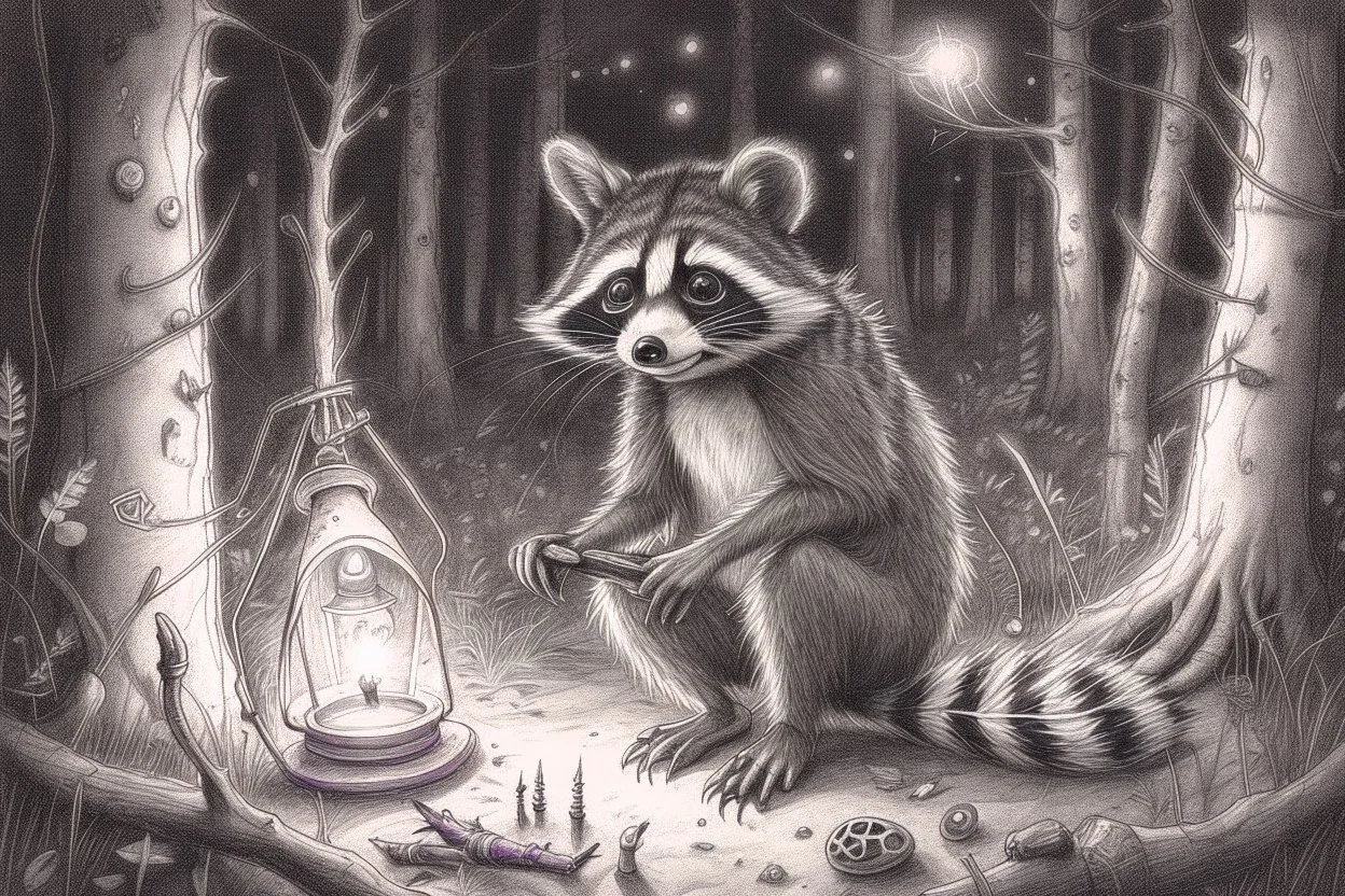 At dusk a curious raccoon explores the forest. Tiptoeing into human campsites, intrigued by human artifacts they found.- Pencil drawing, realistic, graphite