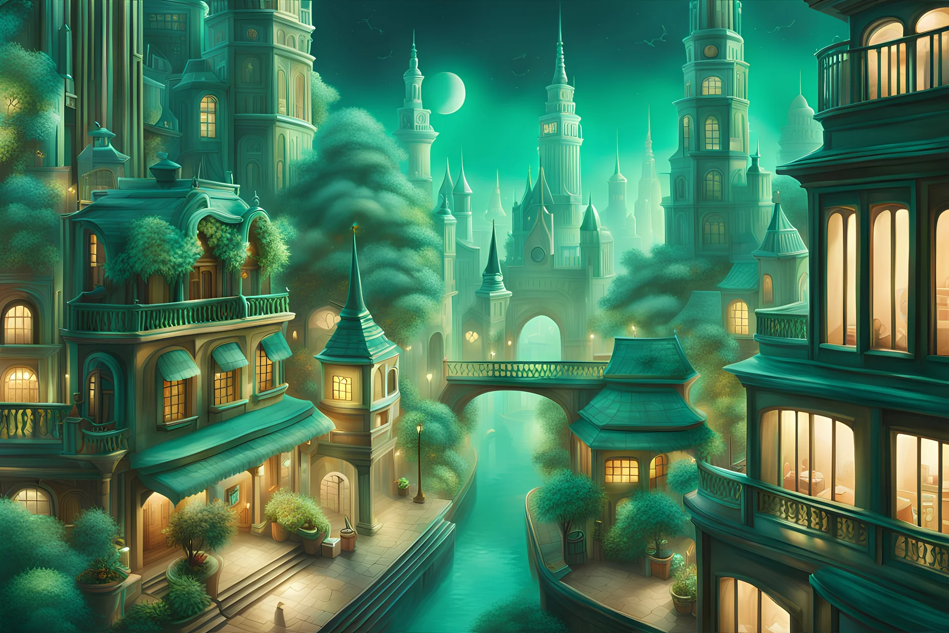 Create a magical city escape, with a detailed, imaginative depiction in the style of realistic, using acrylic material, illuminated by dreamy haze, featuring mint green colors, an aerial perspective, high detail quality, --v 1.