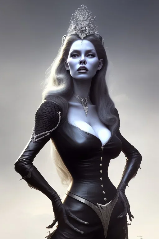 Brigitte Bardot as evil queen in black leather, leather, busty, cleavage, angry, stern look. character design by cory loftis, fenghua zhong, ryohei hase, ismail inceoglu and ruan jia. unreal engine 5, artistic lighting, highly detailed, photorealistic, fantasy.