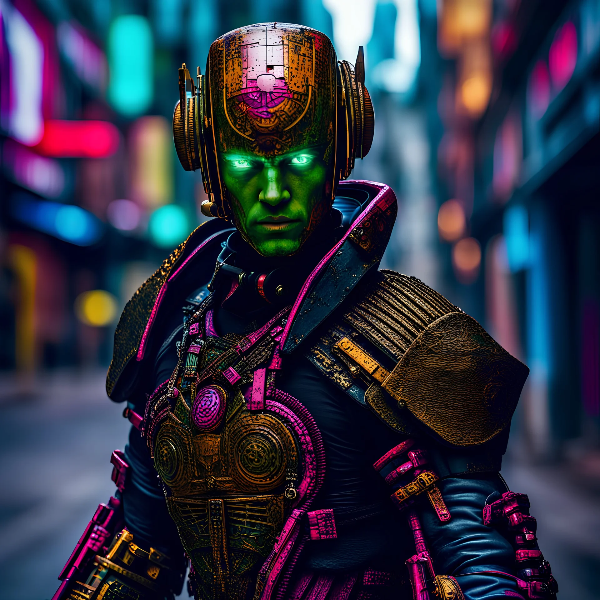 a half human half android warrior whose attire is of ancient times but the street that he is walking has cyber punk colours, architecture & street art, sharp focus, background circular motion blur