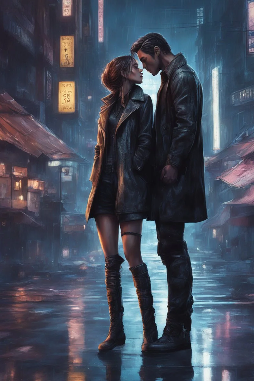 Science fiction, cyberpunk, city street, couple girl and guy, together, love, kiss in the rain