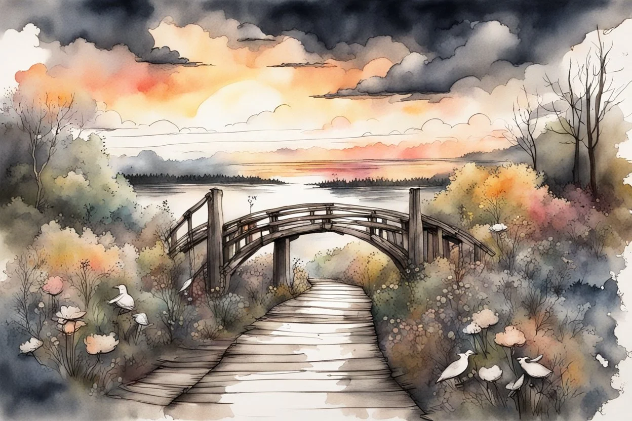 Urban sketch of a beautiful forest in ink and watercolor, storm clouds, full sunset, flowers, kurved path, old wood bridge, gull Modifiers: beautiful award winning