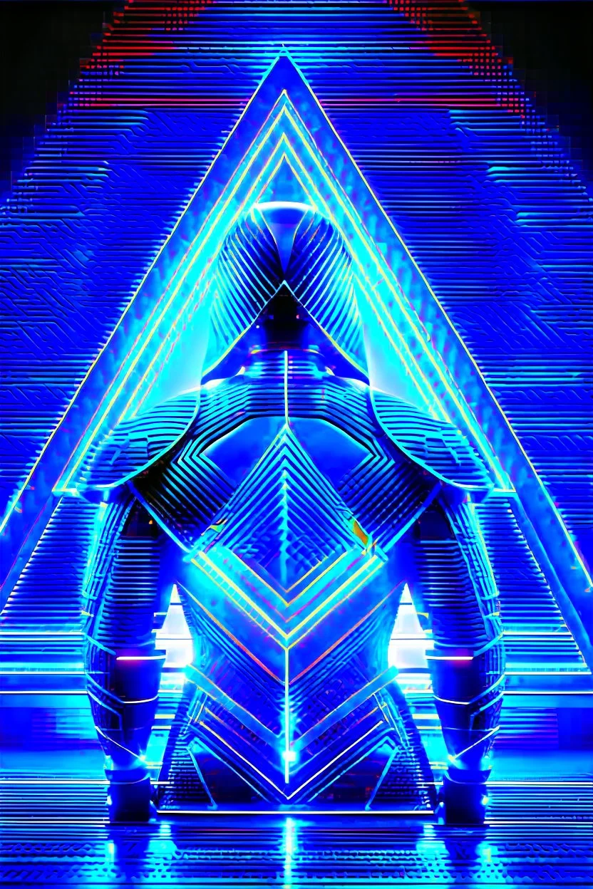 neon blue, floating triangle of light orbiting behind the back, cyber armor, geometric patterns on armor, male, orbiting triangle