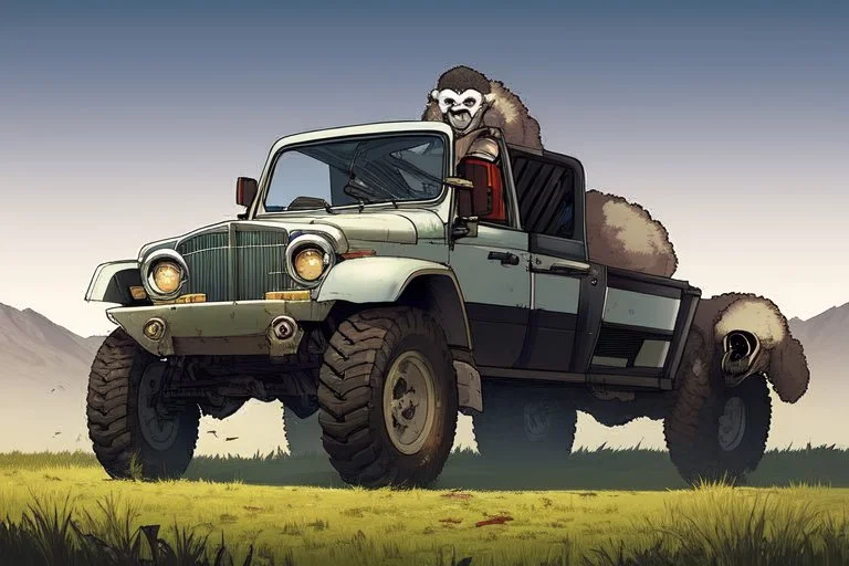 a robot terminator portrait of a broken head mechanic, kissing a hybrid mixed body part sheep, fixing (far away old land rover 4x4 discovery 2) in the countryside