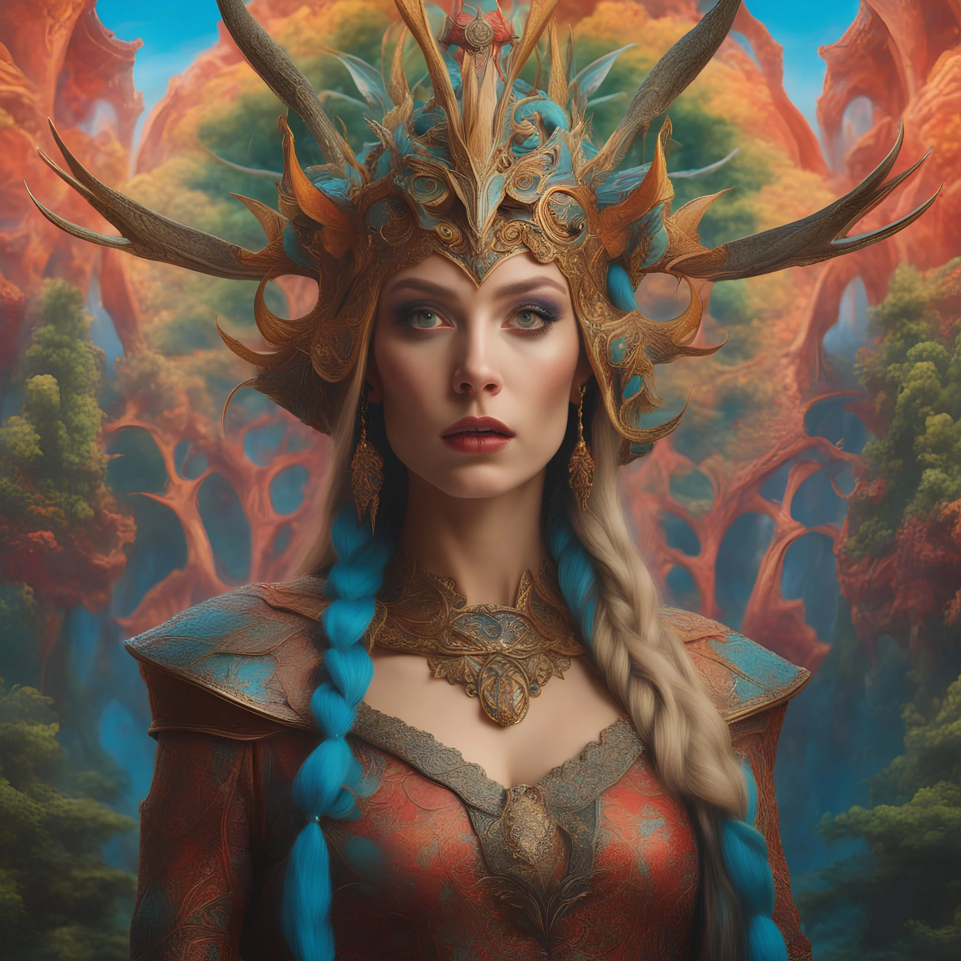 art by Patrick Woodroffe in the style of Salvador Dali, psychedelic colors,Scarlett Johannson as a Scandinavian elf warrior, in an elven kingdom, HD 4K ultra high resolution, photo-real accurate, cinematic volumetric lighting