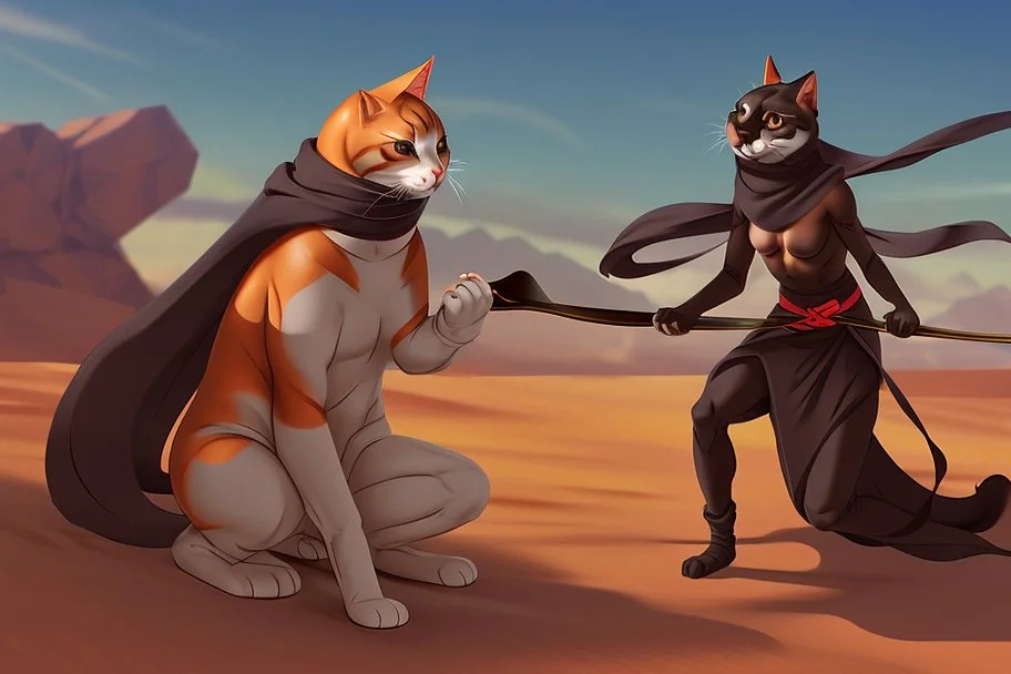 antropomorphic ninja cat fighting with a sheik in the desert in sunshine