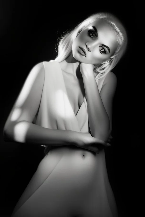 Mujer rubia iluminada, retrato medio cuerpo, iluminada potentemente desde el lado derecho, blanco y negro vaporoso, al estilo del fotógrafo Hugo Alonso