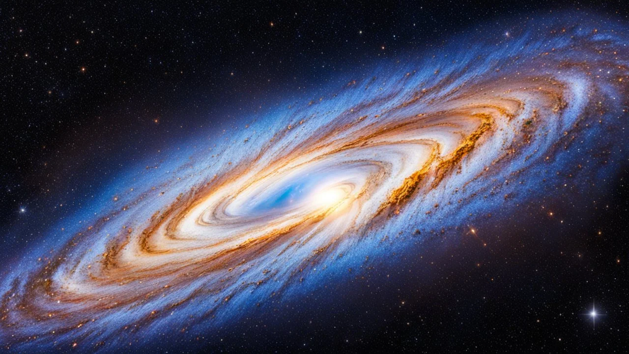 A beautiful flat horizontal view of a galaxy in the middle of the cosmos.