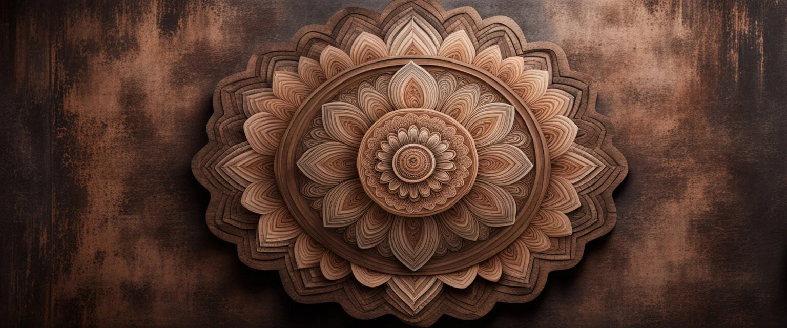 Hyper Realistic Beautiful brown Mandala art on a dark rustic wall