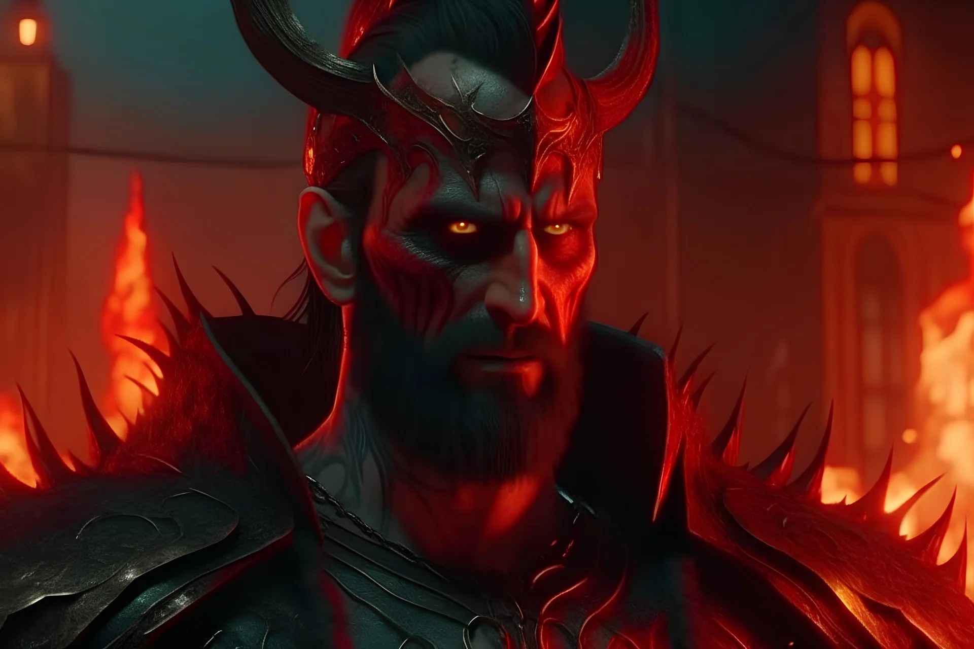 4k full details, full realism, lights maximum, Portrait roi demon conquérant cyberpunk, cheveux noirs, barbe, yeux rouges, porte une couronne en feu, bâtiments union européenne en feu arrière plan