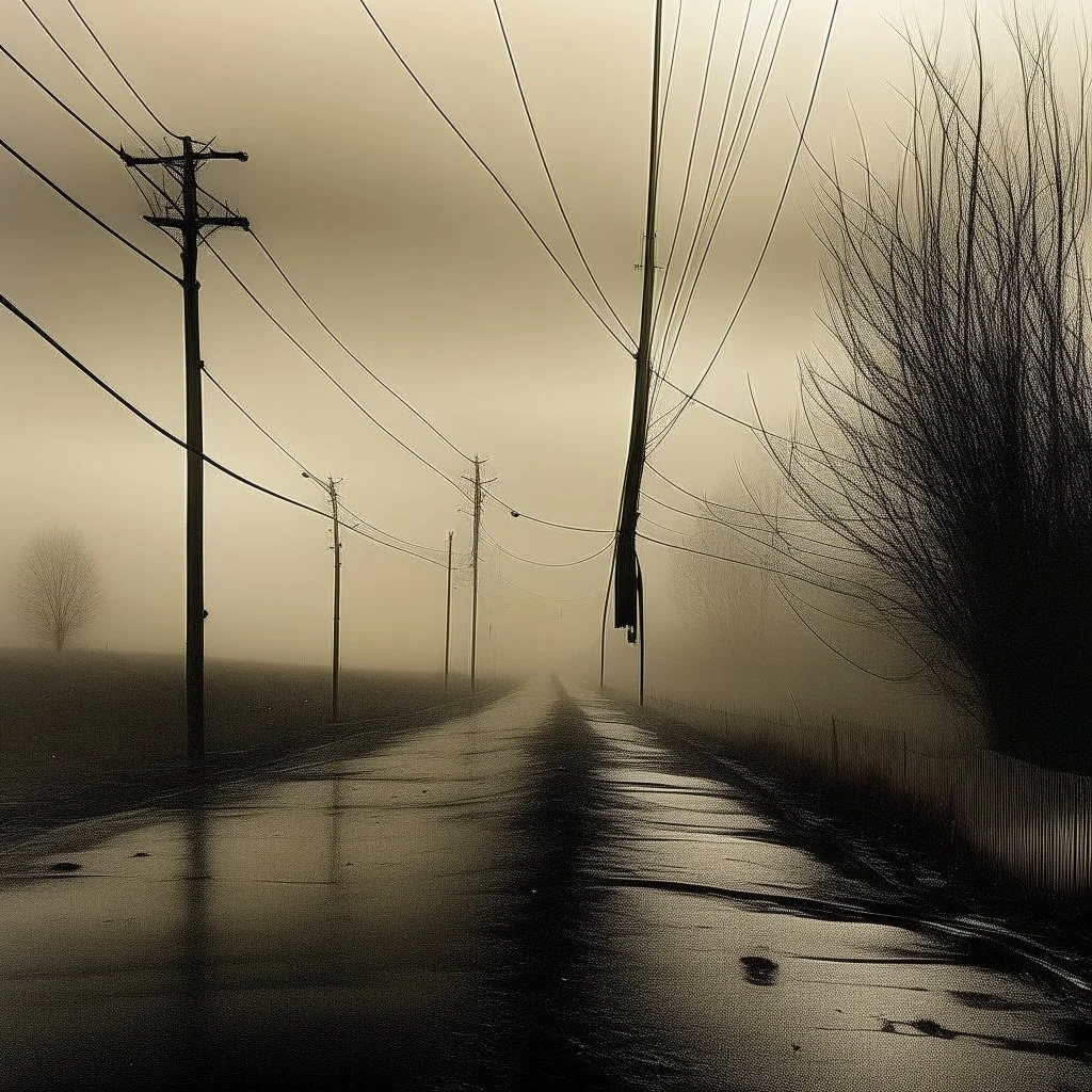 A photo of a empty road on a misty day. Telegraph poles and wires. Dark Sepia tones. With blotches.