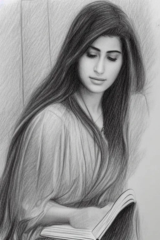 Pencil sketch of Young woman, Arab features,sad, long wavy hair, reading a book, full body، on lined paper