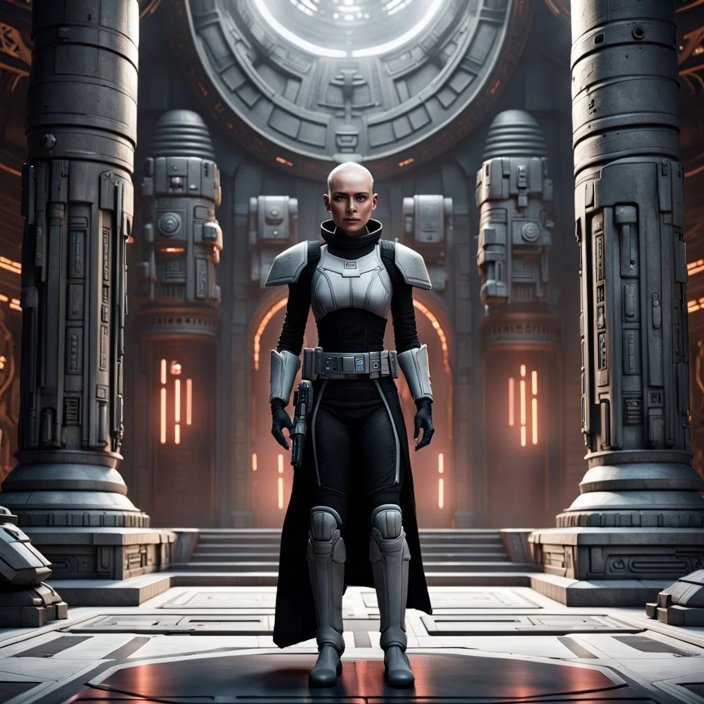 a bold and heroic bald male Corellian pilot in black and metallic grey First Order special forces gear meets a female Jedi Master in ancient, mystical temple, hyperdetailed, dynamic lighting, hyperdetailed background, 8k resolution, volumetric lighting, light skin, fully symmetric details