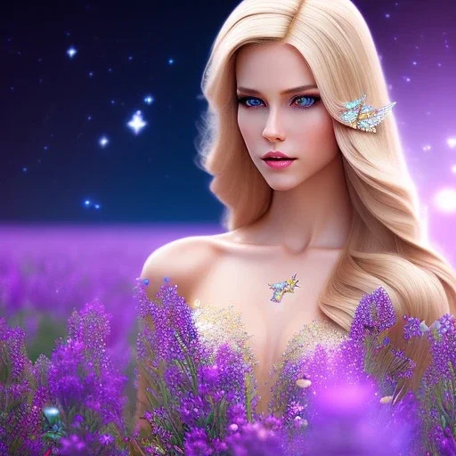 Full body Princess, sexy woman blondie, make up, beautiful smiling face,blue eyes, beautiful place,amazing, flowers, colors, blue and pink butterfly, realistic, photo real, stars night, detailed, high contrast, 8k high definition, unreal engine 5, extremely sharp detail, light effect, light background