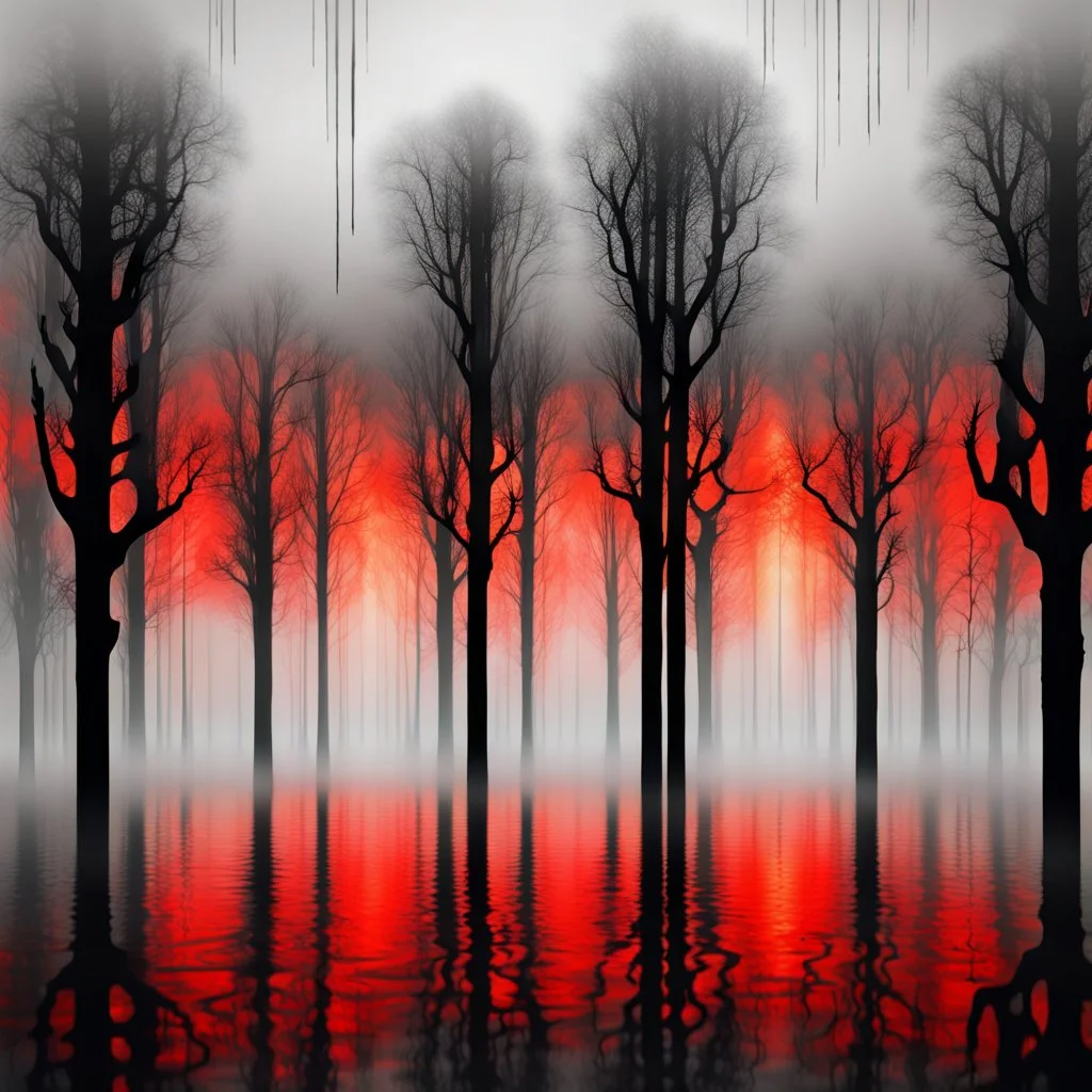 Glitch in the Matrix silhouette of tall dark trees, black, gray colors, surreal, foggy, mesh, red-gray-orange background, painted, lacy pattern melting, dreamlike scene, blurred with wet ink, masterpiece