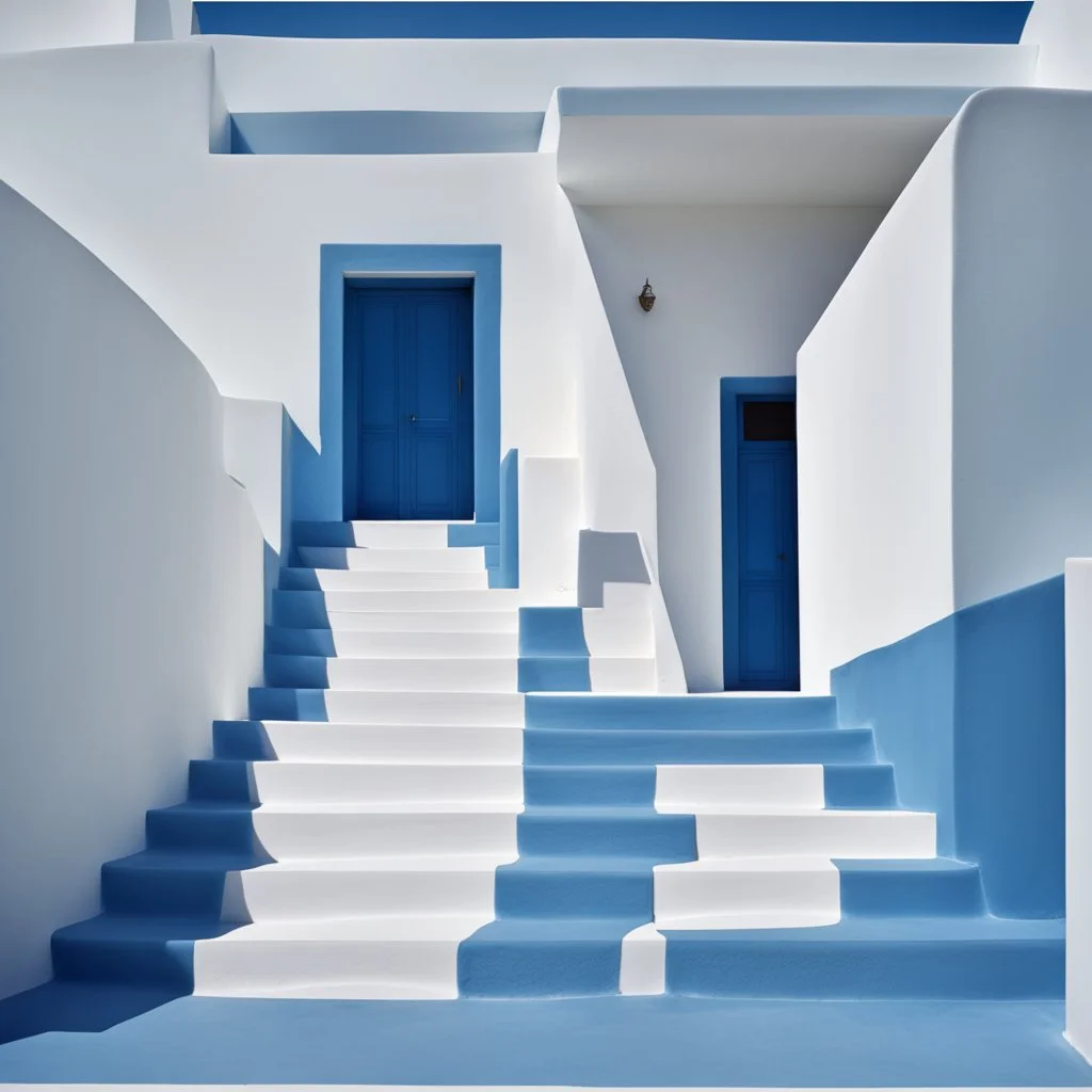 Minimalist abstract cyanotype photo of stairs outside a Greek house