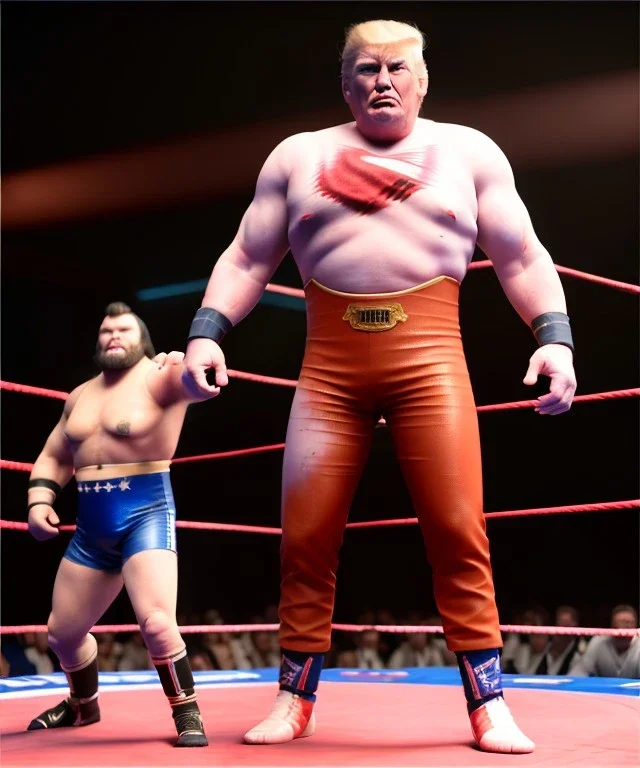 Wrestler Donald trump, wrestling, American shot, sweat, blood, red breeches, suspenders, retro style, 80s, hot ambient, photo studio, vibrant color, gradient, highly detailed, art stations, concept art, smooth, unreal engine 5, god rays, ray tracing, RTX, lumen lighting, ultra detail, volumetric lighting, 3d, finely drawn, high definition, high resolution.