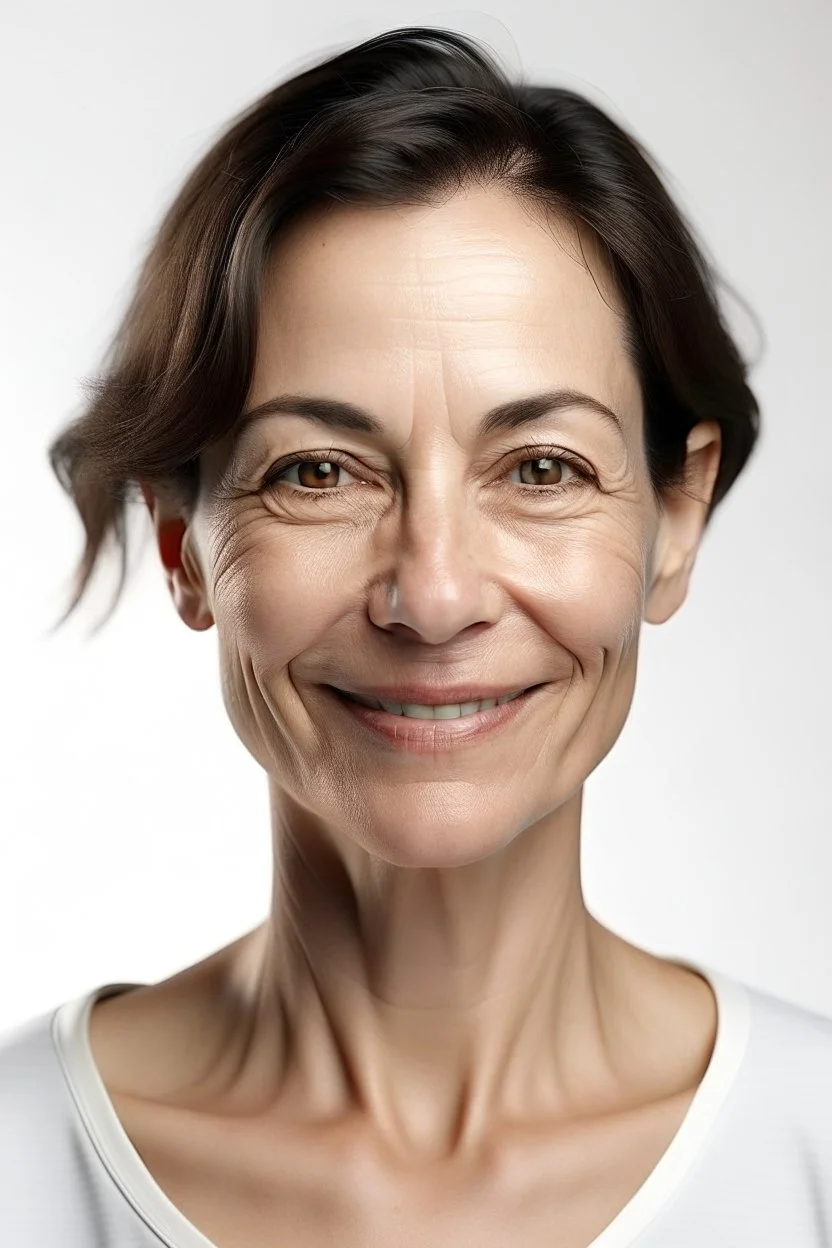 realistic, (49yr old female)without makeup, Caucasian beautiful face, dark hair, wearing a tight white shirt, studio lighting, cinematic light, beautiful woman, milk beige middle hair, perfect anatomy, very cute smile, (head frame), on white background, 8k Resolution, human hands, curiously complete, elegant, close to perfection, dynamic, highly detailed, character sheet, concept art, smooth, non-symmetrical body a, detailed hairstyles and skin texture