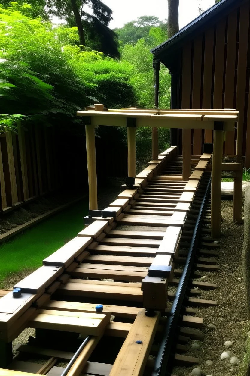 A one-passenger monorail track built in my back yard, made from plywood and 2x4 lumber.