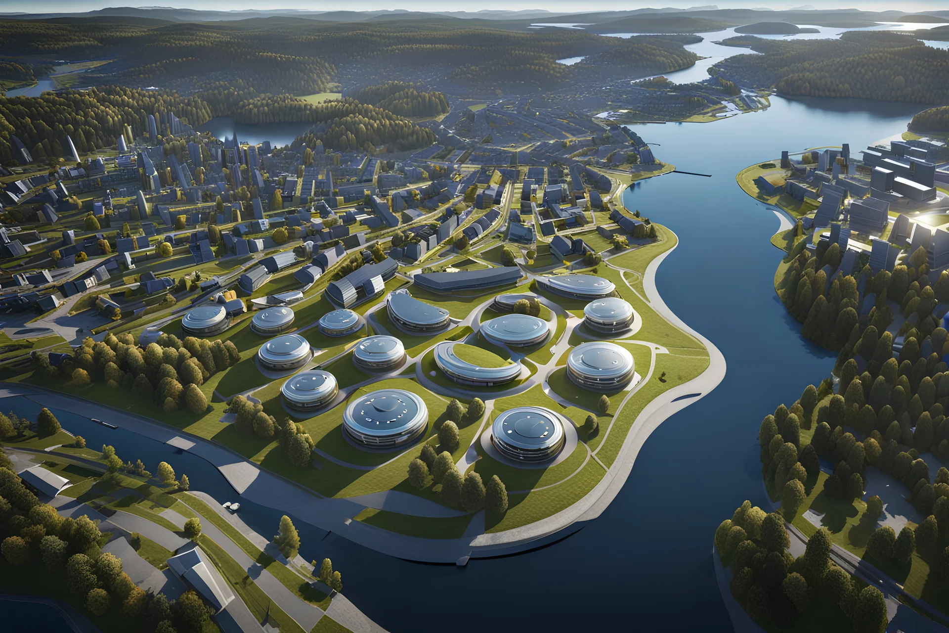 aerial view of future Sarpsborg town urban area in Norway in the year 2100 :: 8K, 3D, Octane Render, VRay, Unreal Engine 5, Hyperdetailed, intricate, HDR, extremely realistic evolution of future architecture, photorealism, colourful, blue sky over a clean environment, award winning, crisp quality, masterpiece, fantastic view, digital art, airbrush art, ink drawing, sharp focus, high contrast, depth of field