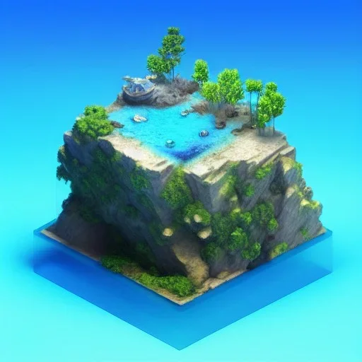 The Isometric Glass Tall Box Mini Model Little Real Island Mixed Water Fall Under Ocean Sunshine Summer Background Blue Sea, The Last Of Us / Avatar, Octane Render / ZBrush, Cinematic, IMAX Film, Nikon D750, 16K, Autostereoscopy, Anthropomorphic, Golden Ratio, Geometry, Symmetric, Depth Of Field, Highly Detailed, Ultra Realistic, Beautiful Lighting, Halfrear Lighting, Soft Light, Candoluminescence, Cast Shadow, Reflective, Glow, Translucent, Normal Map, Carbonated --testp