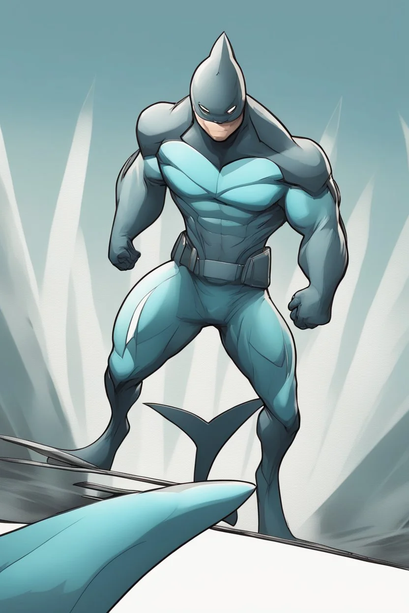 A superhero suit with a sleek and powerful, with a shark-inspired design. It would have a dark blue colour scheme, sharp lines, and a fin-like cape, representing his strength and determination.