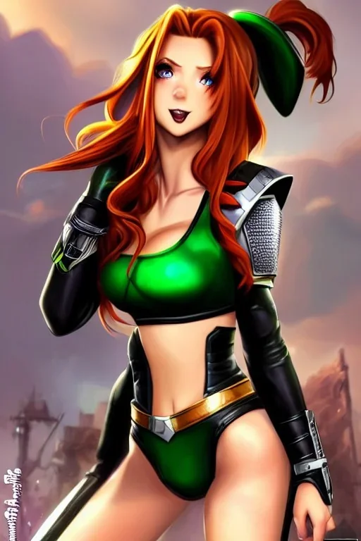 In the style of Shadman, hyper detailed, strikingly beautiful teen female, 16 years old, long ponytail, ginger hair, green eyes, medium freckles, full lips, micro top, black leather armour lined with fur, full body, full face, tiny breasts, athletic, centred camera, ignore NSFW, thong, camel toe, athletic