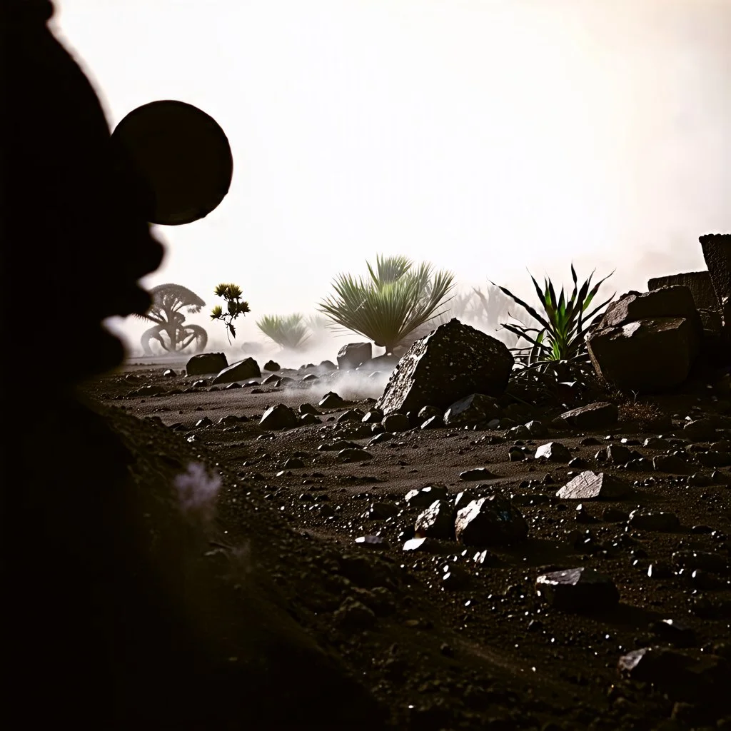 A striking quality Kodak photograph captures a wasteland with monsters and group of plants, creepy, details of the dust very accentuated, glossy organic mass, adorned with minerals and rocks. Bathed in intense light, eerie, Max Ernst style, black sun, fog