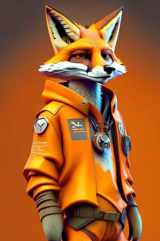 Fox character portrait dressed in tech clothing in orange, in 3D realistic