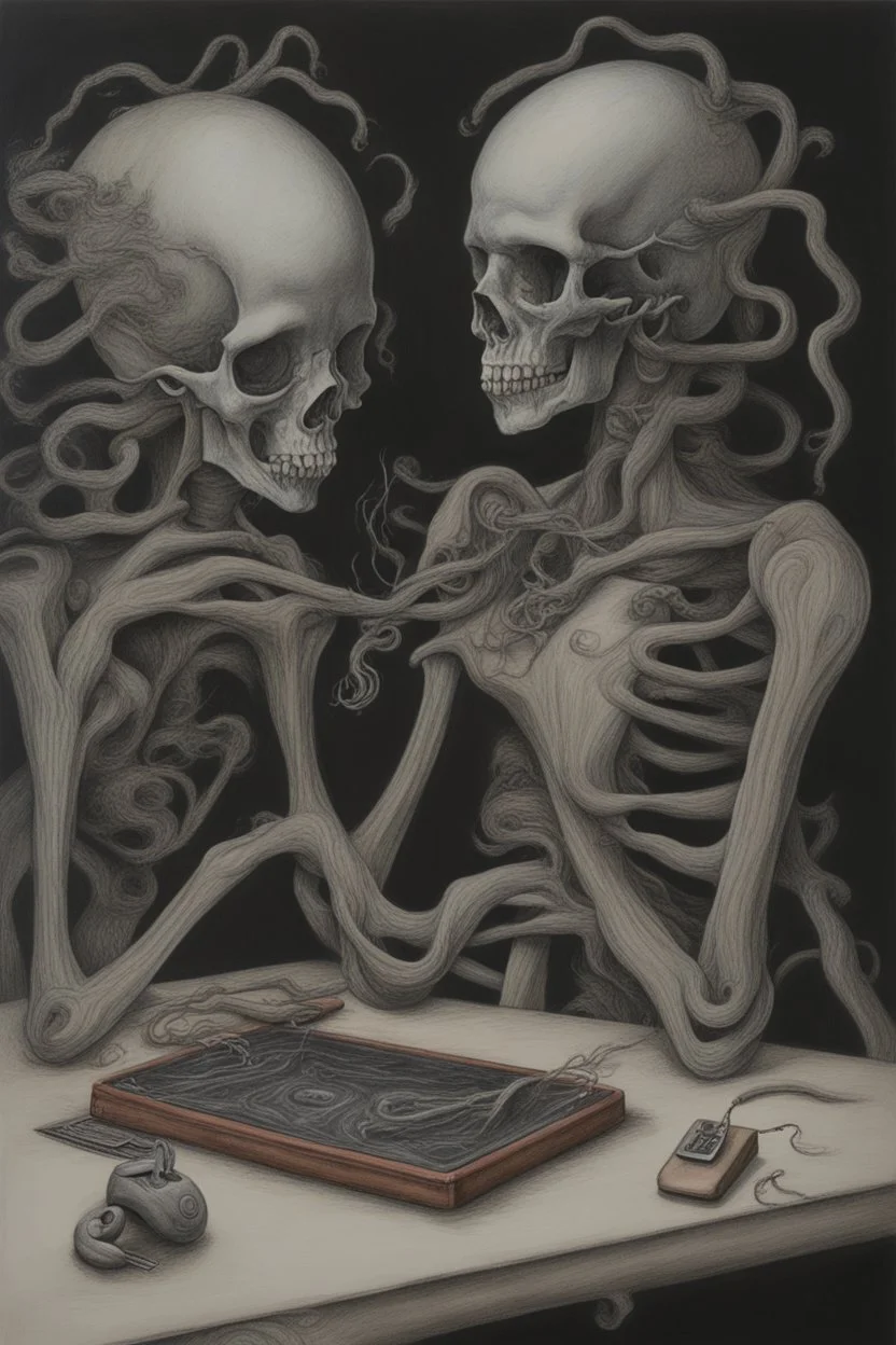 unsated lust on tech can lead to an untimely death; Surrealism; pastel pencils over black ink