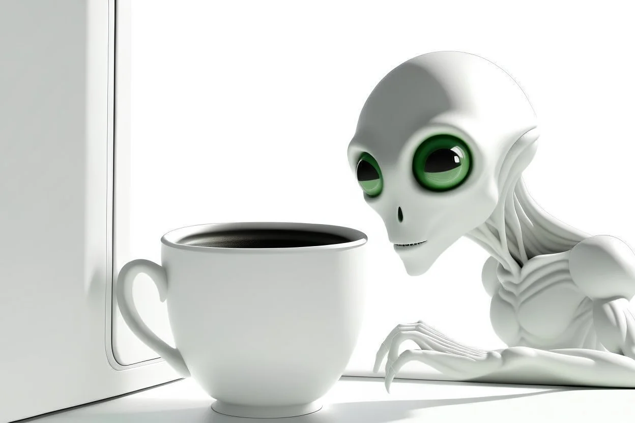 white,background,looking,through,a 3-d, hole,or,window,,a,seeing an,alien,drinking,coffee