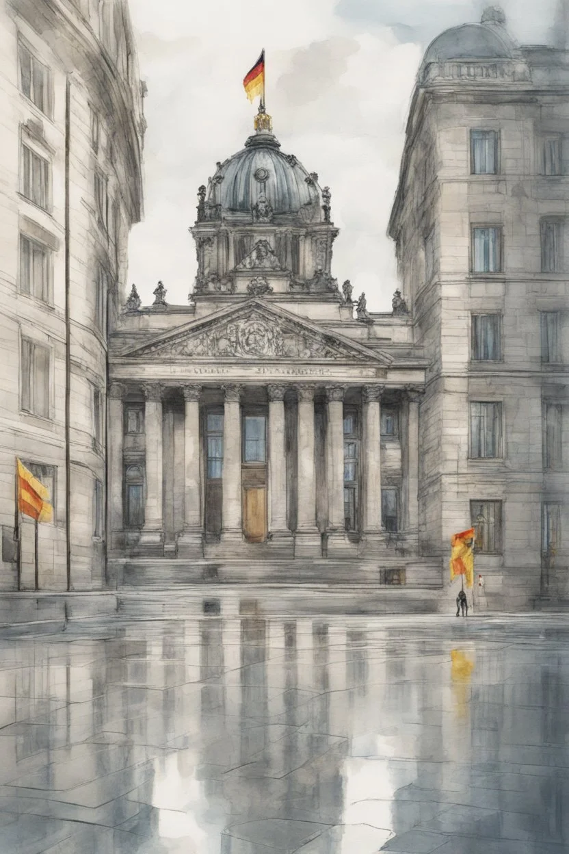 Typical Germany, Reichstag architecture, one small German flag hanging on the facade of the building. There is a street sign at the intersection. People on the street are reflected in a puddle on the asphalt. Watercolor style. 8k quality