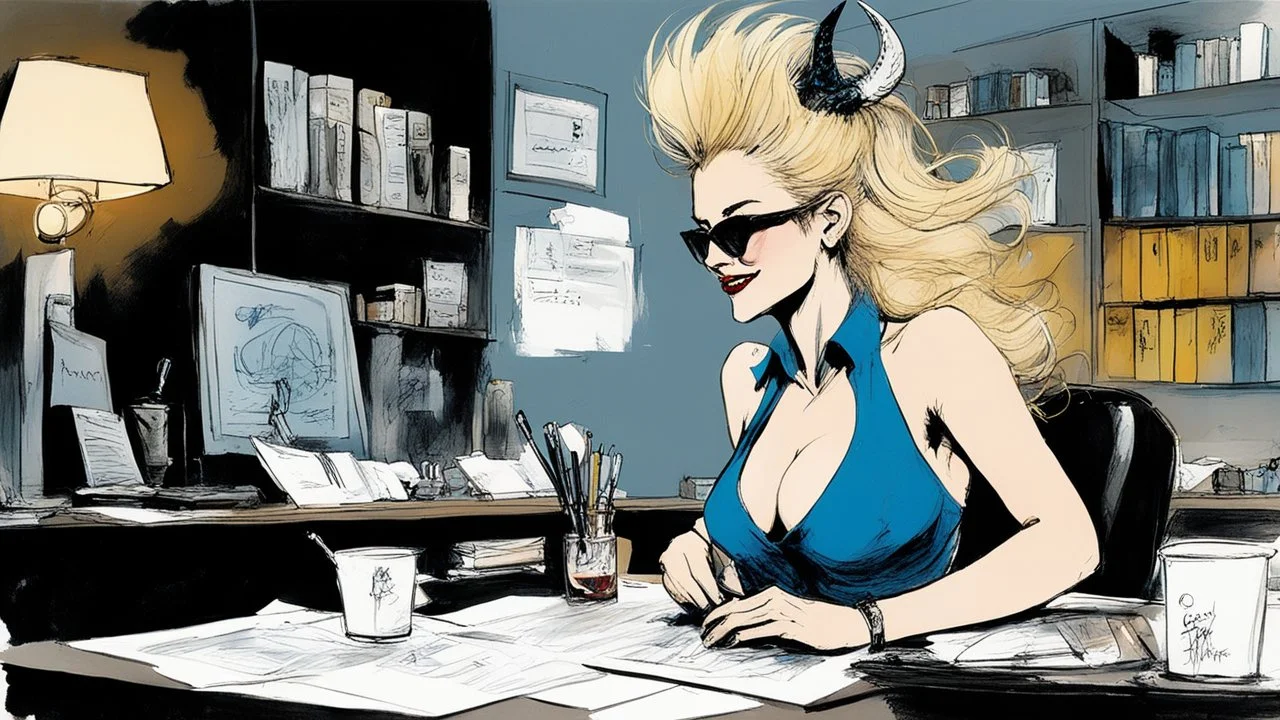 [in her dark office with a pervert smile, by Ralph Steadman] Name: Nancy Occupation: Mid-level Contract Demon at Infernal Affairs Inc. Features: Hair: blonde with a sauerkraut hairdo Skin: light Eyes: blue Build: athletic and curvy Extra Details: small horns