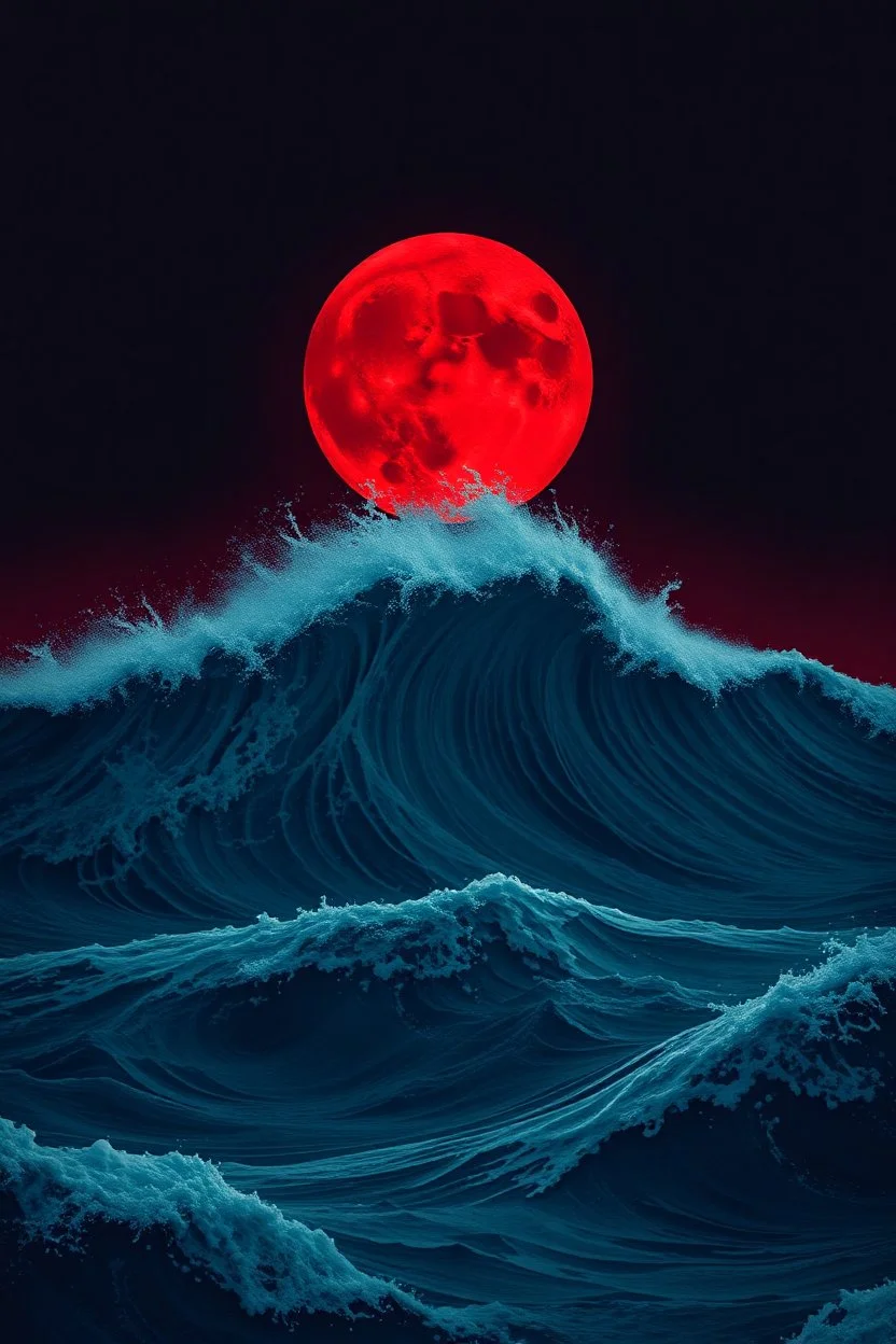 An ocean sure with high waves and a moon in the Background red for the design of the Stranger series Things are mysterious and dark no people