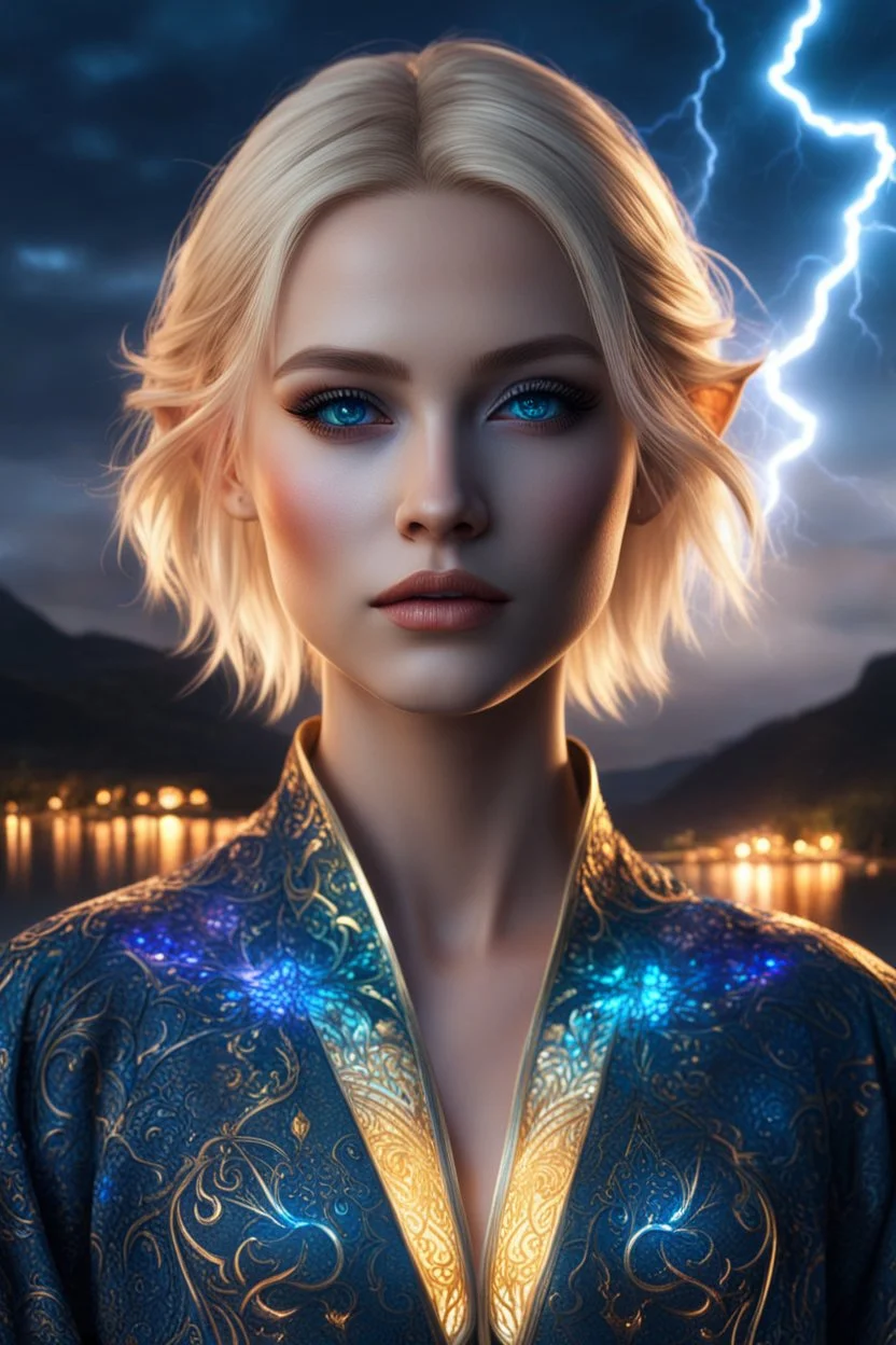 detailed eyes, female russian half elf, curvy, blonde short hairstyle, detailed glowing ornamental magical pattern form fitting robe, glowing gem crackling with lightning implanted on robe, 8k, high detail, lake background, midnight, facing viewer, front facing